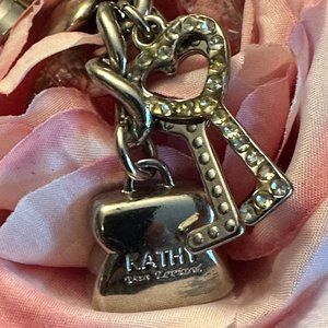 Kathy Van Zeeland Signature Bag/Heart/Keys Bag Charm Key Chain Silver Toned